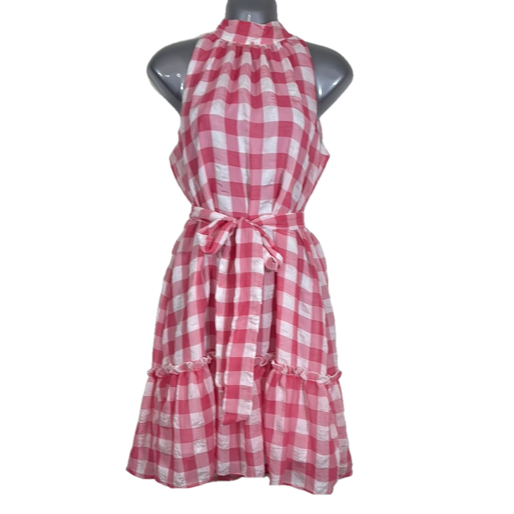 Sam Edelman Pink and White Gingham Tie Waist Ruffled Tiered Sundress SKU0116